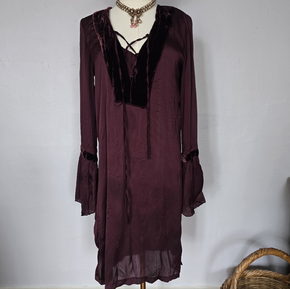 Velvet Trim Lace Up Whimsygoth Tunic Dress